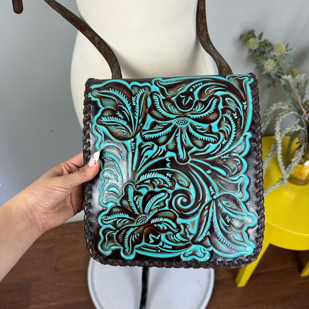 Patricia Nash Granada Crossbody Bag Tooled Torquoise Leather Bag